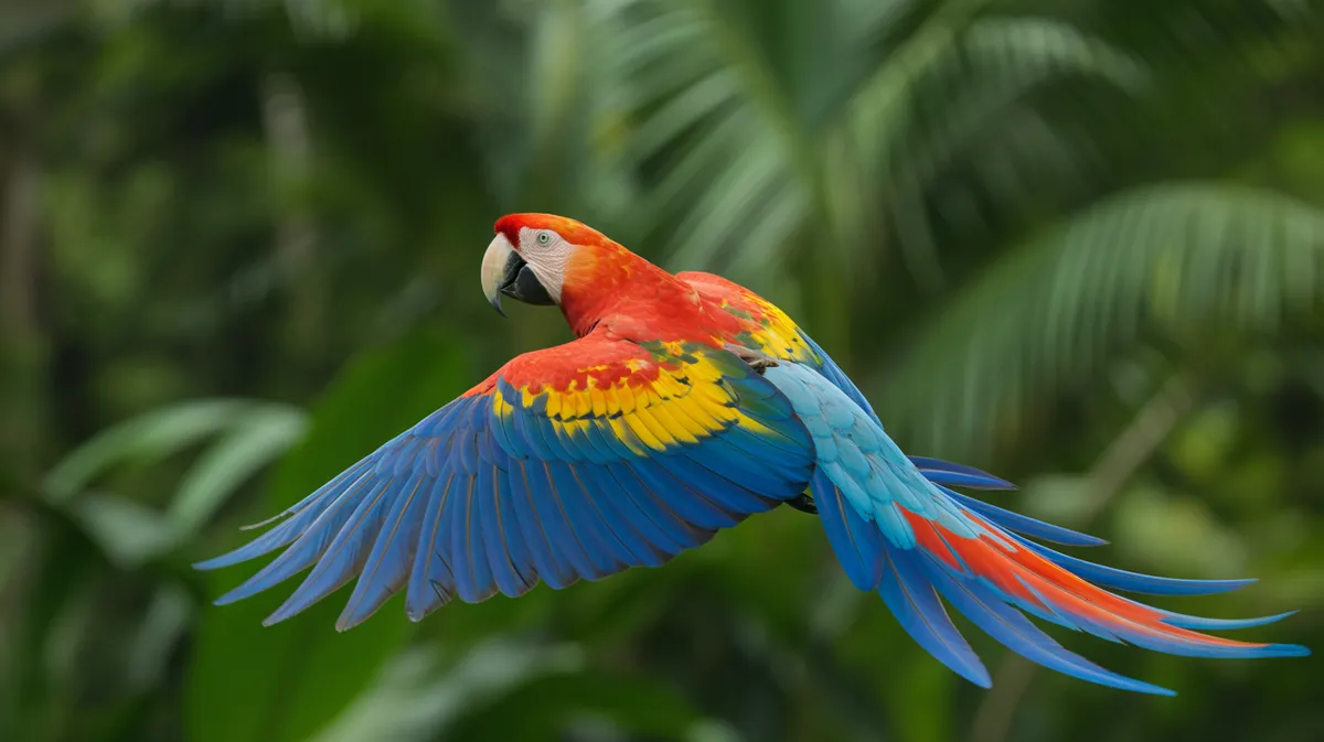 A scarlet macaw in flight