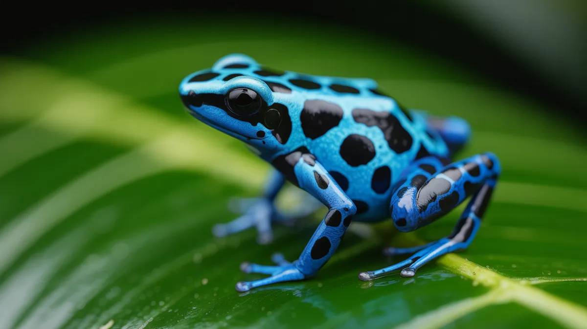 A blue poison dart frog on a leaf