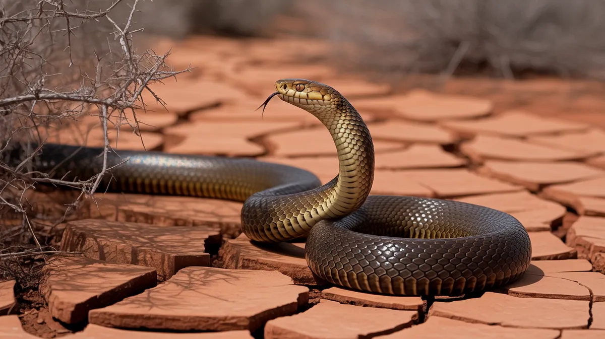 An inland taipan snake coiled on dry ground