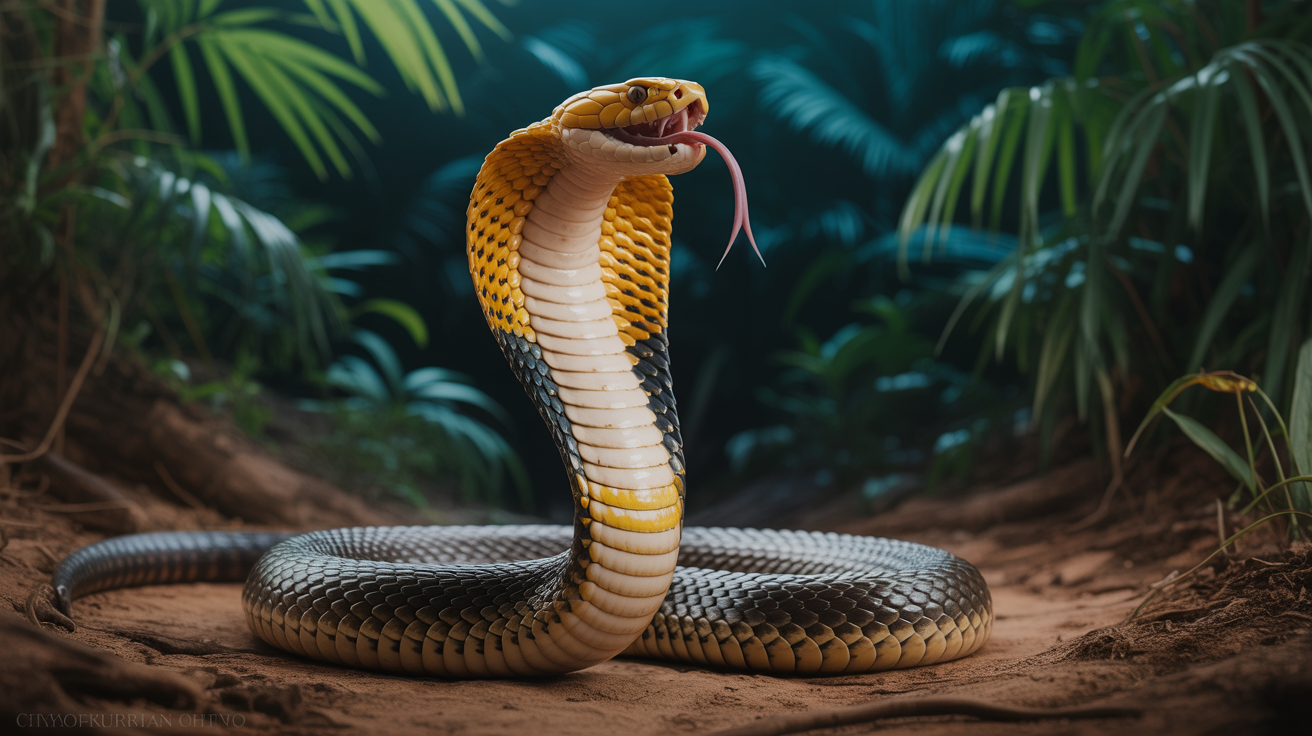 A king cobra rearing with its hood spread