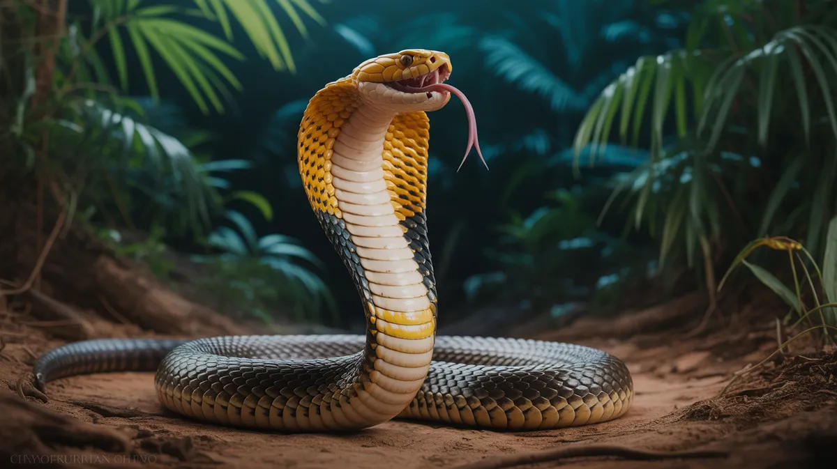A king cobra rearing with its hood spread