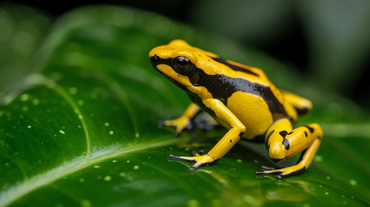 A golden poison frog on a leaf
