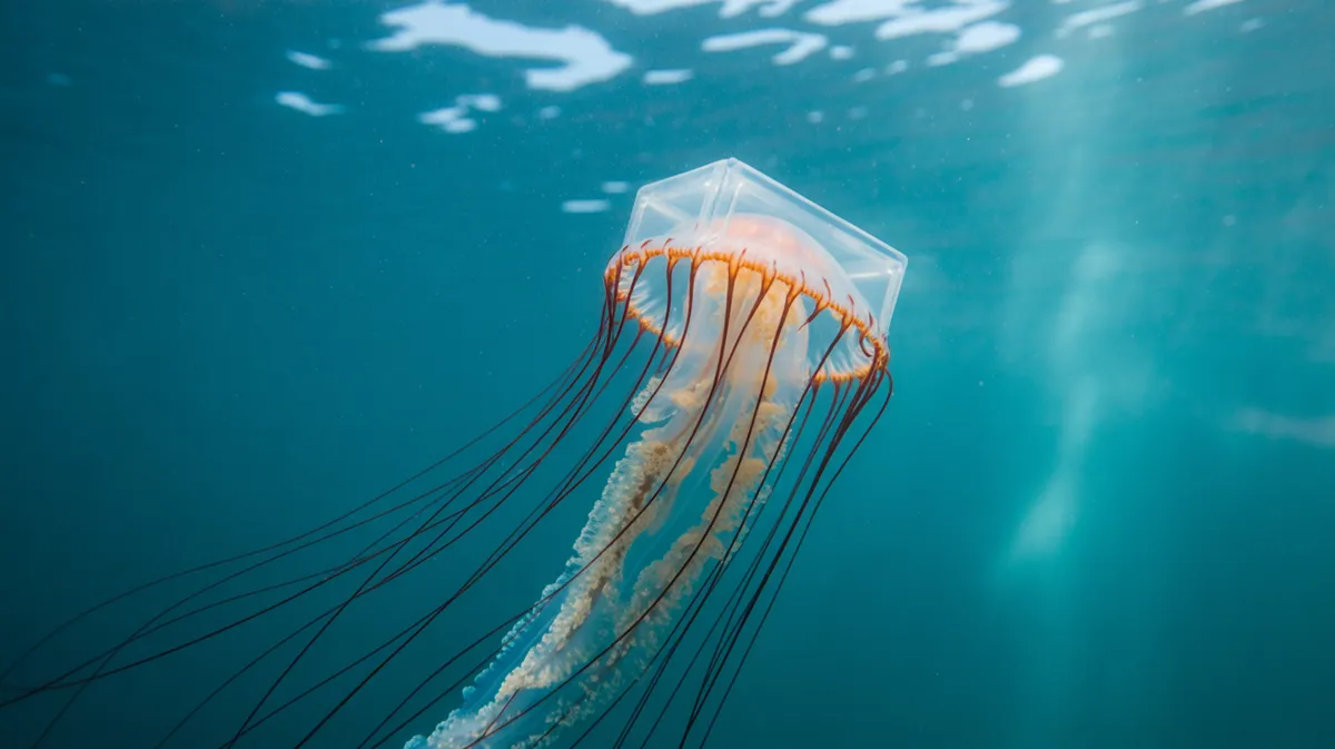 A box jellyfish in blue water
