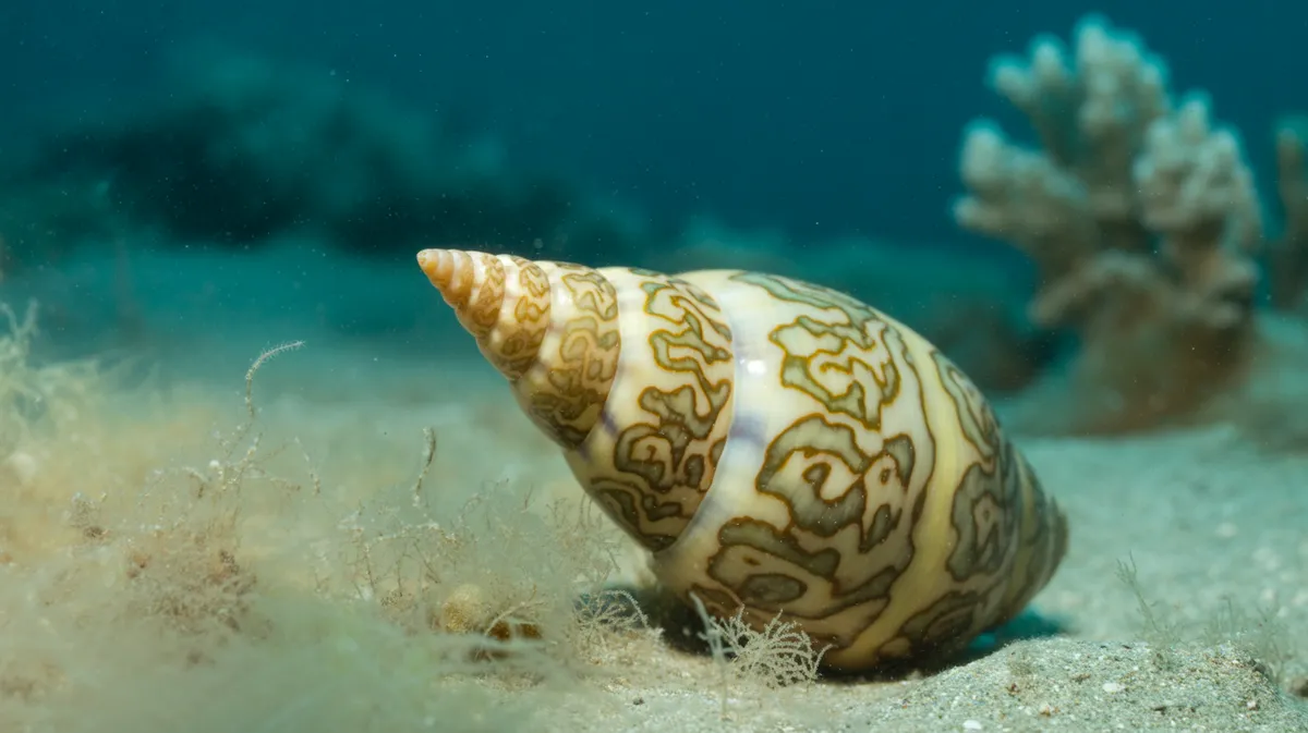 A patterned cone snail on sand