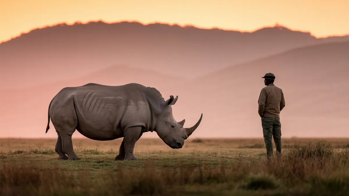 A northern white rhino on grassland