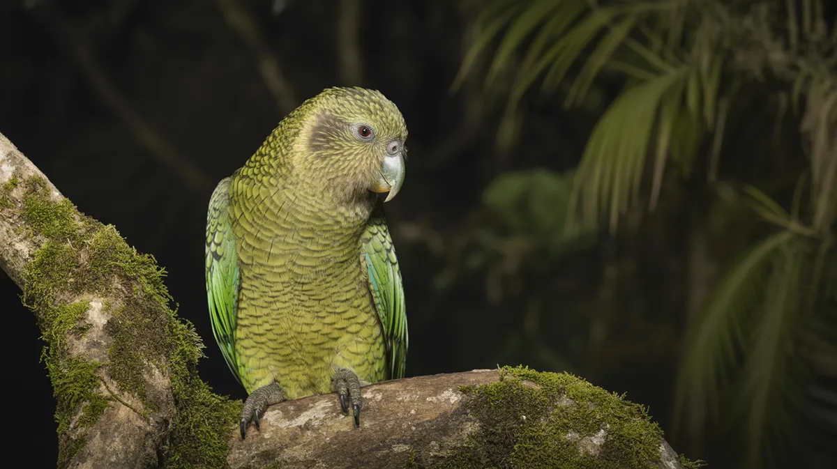 A green kakapo parrot on a branch