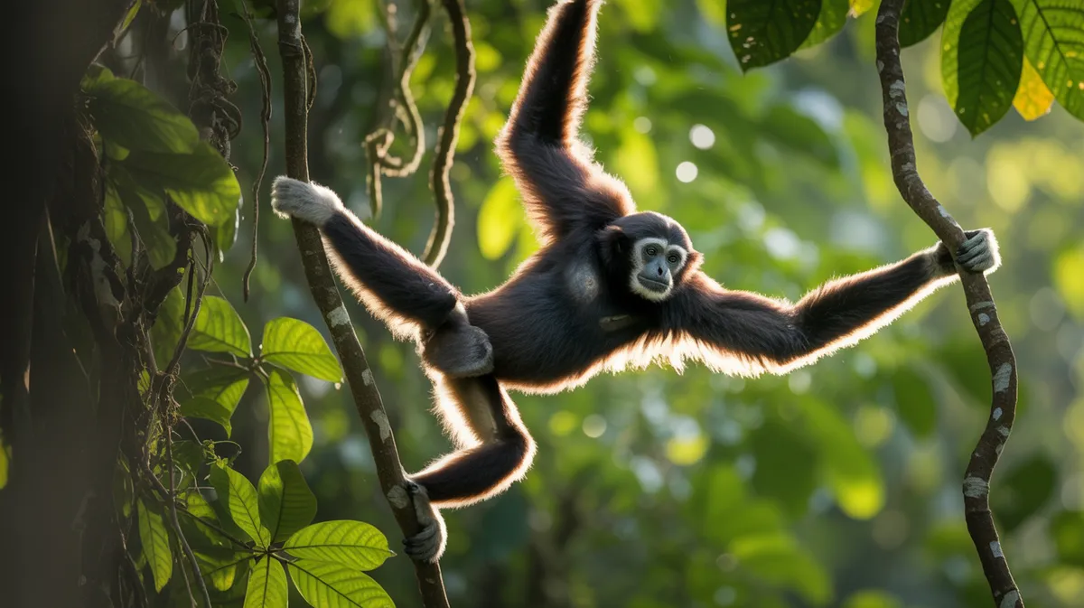 A Hainan gibbon in the canopy
