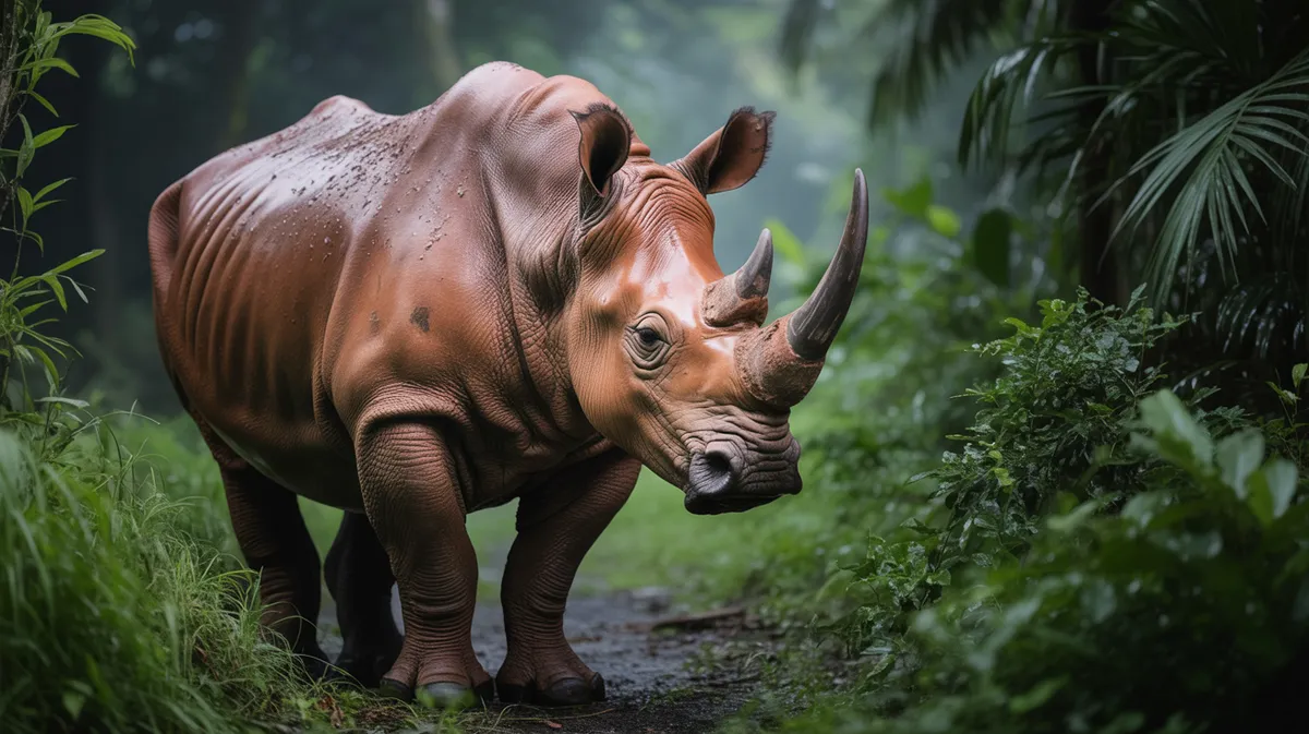A Sumatran rhinoceros in mist