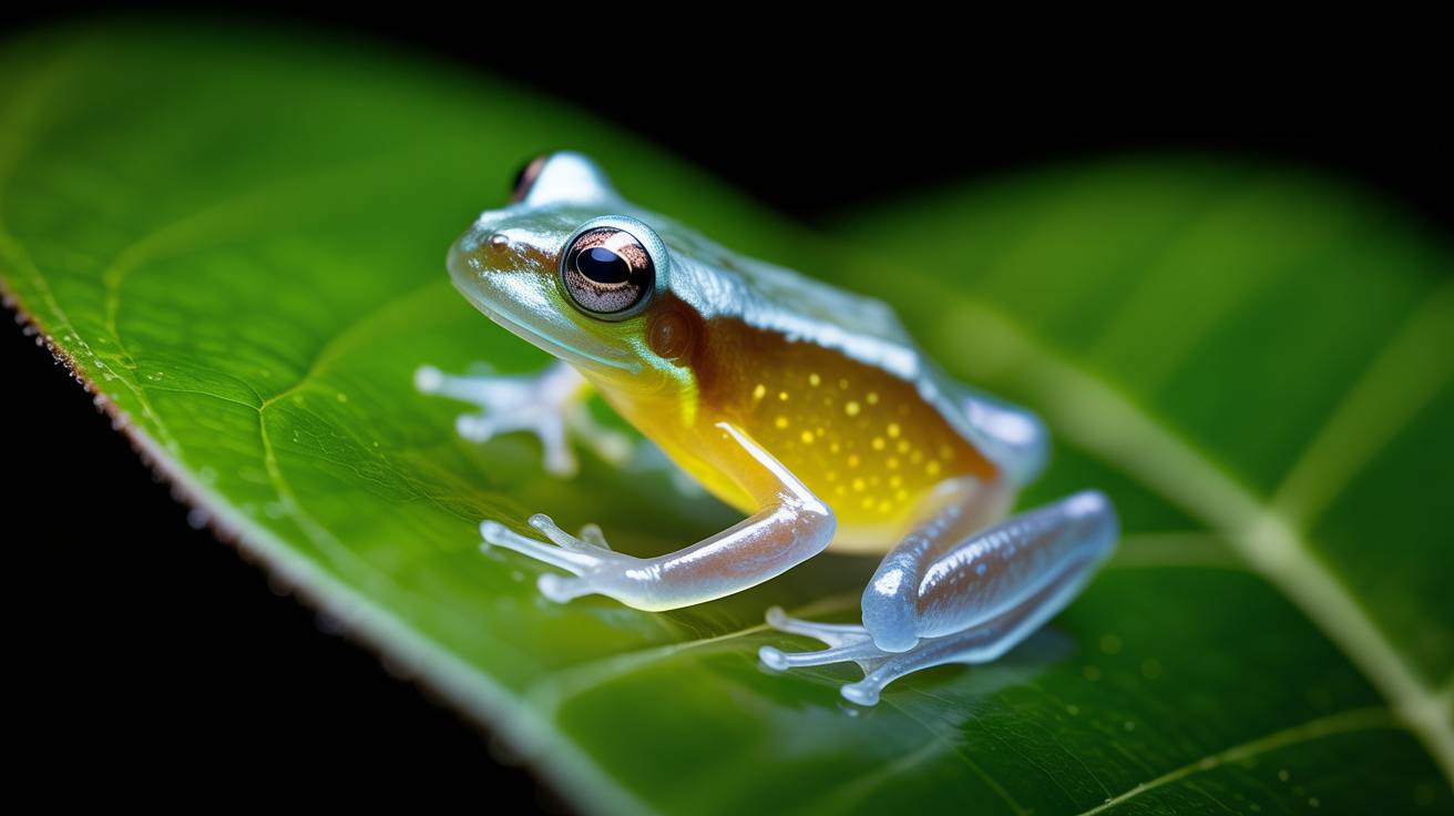 A translucent glass frog on a leaf