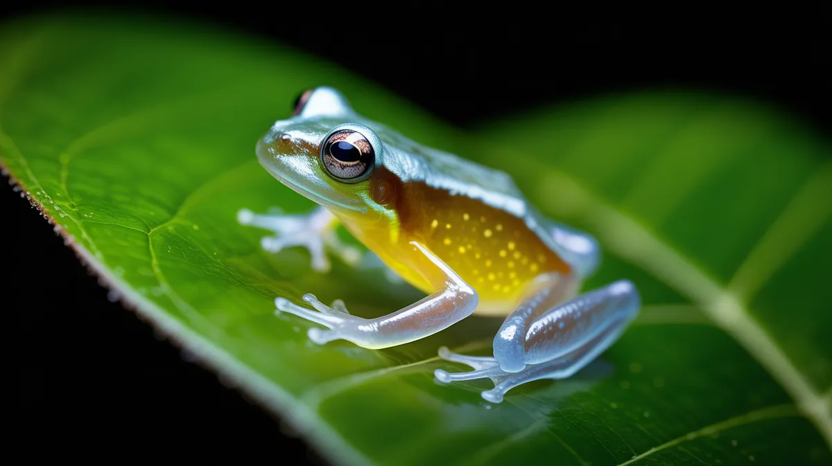 A translucent glass frog on a leaf