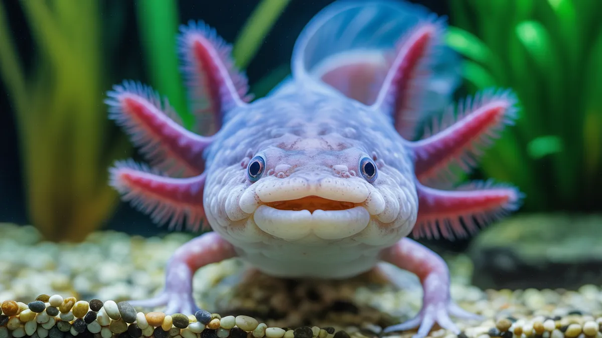 A close-up of a pink axolotl