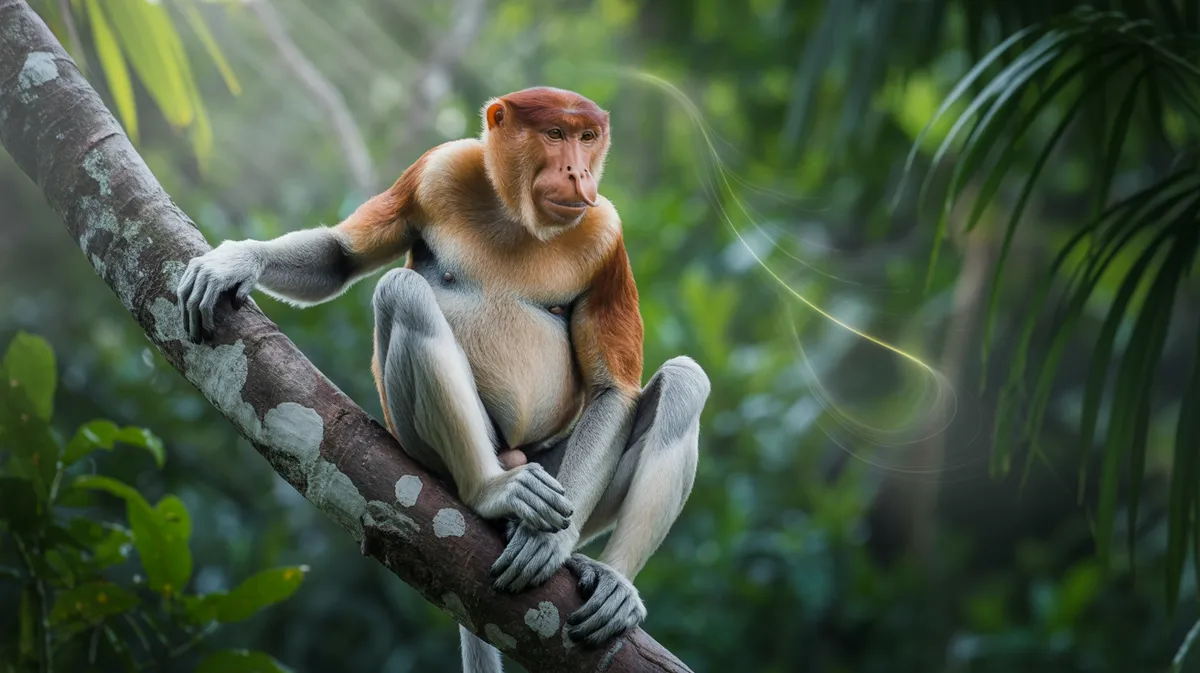 A proboscis monkey with a large nose