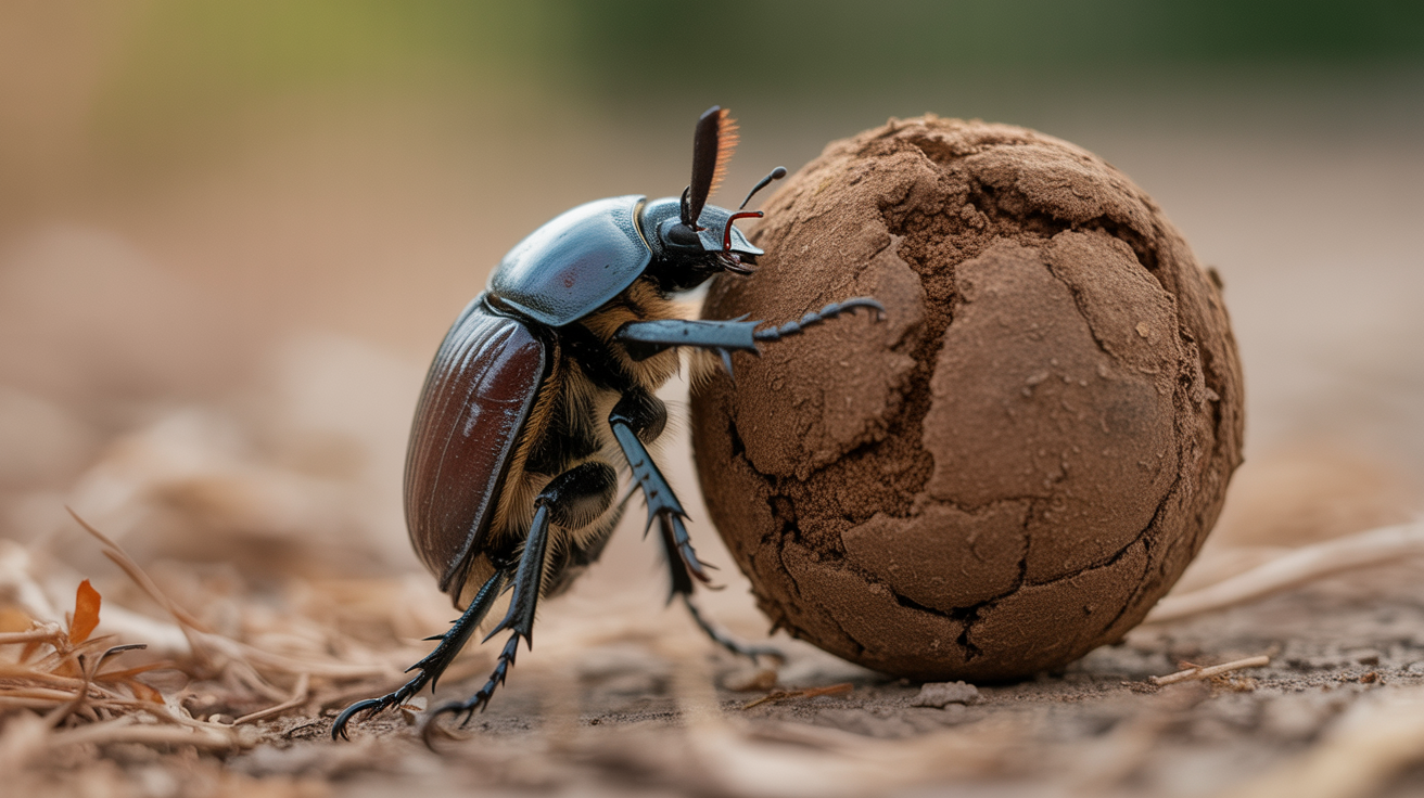 A dung beetle rolling a large dung ball