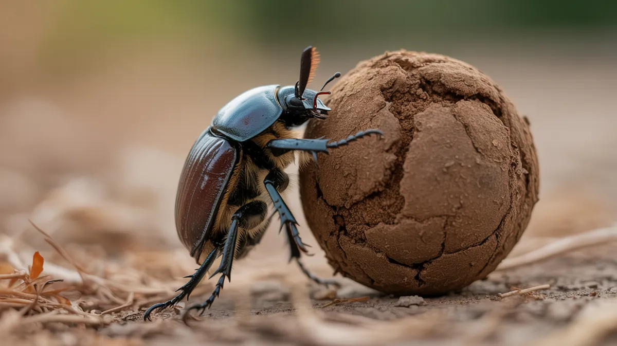 A dung beetle rolling a large dung ball