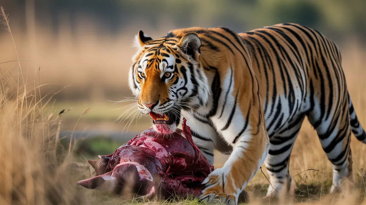 A tiger dragging prey through grass