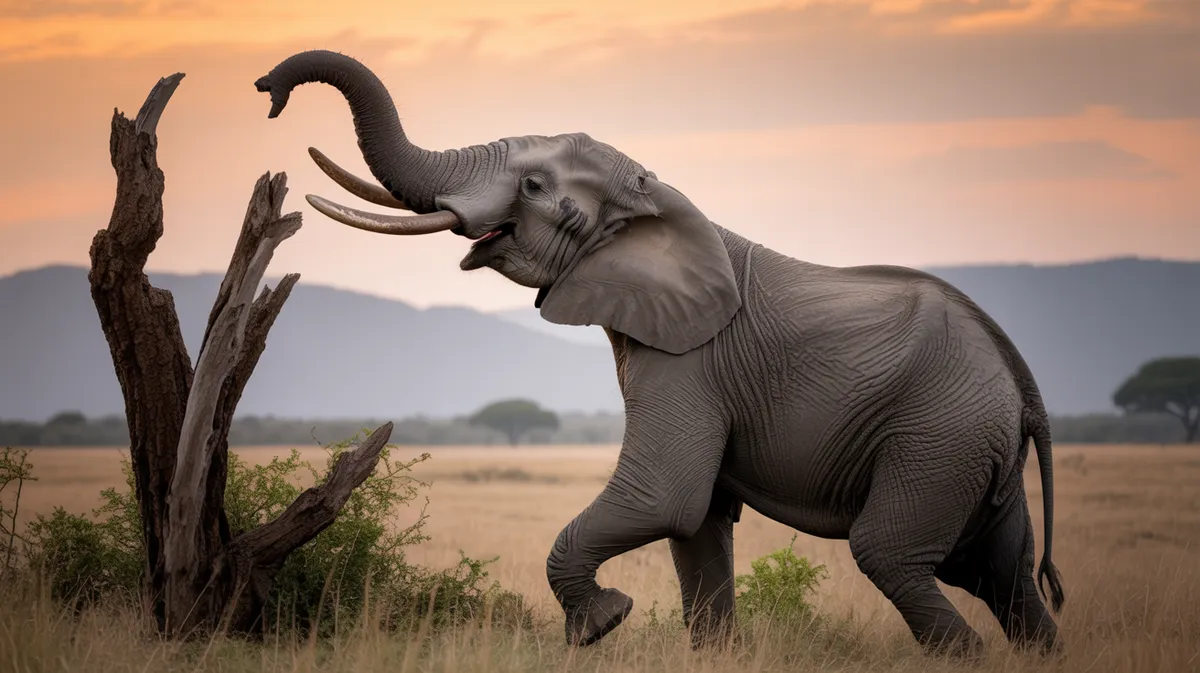An African elephant lifting a branch with its trunk