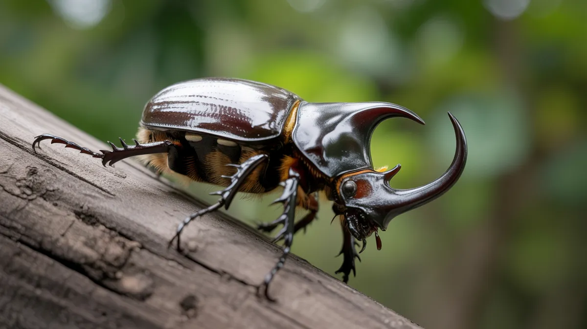 A rhinoceros beetle on a branch