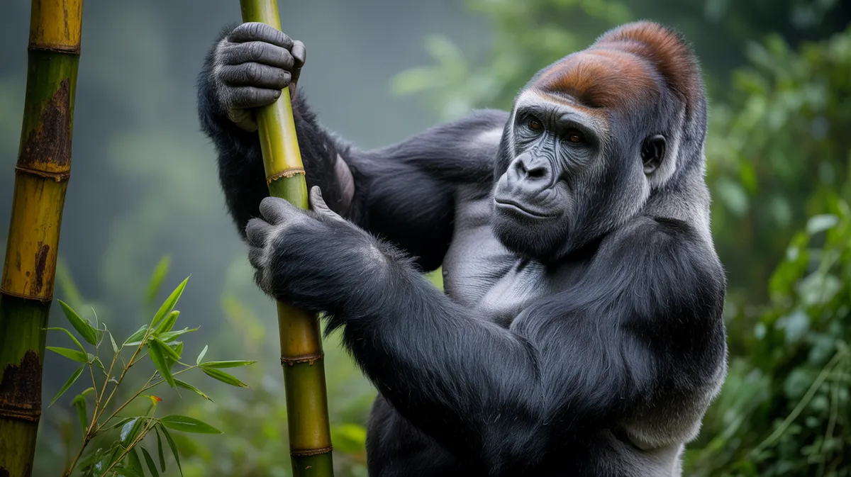 A silverback gorilla bending bamboo