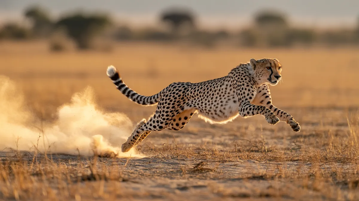 A cheetah running at full speed across the savanna