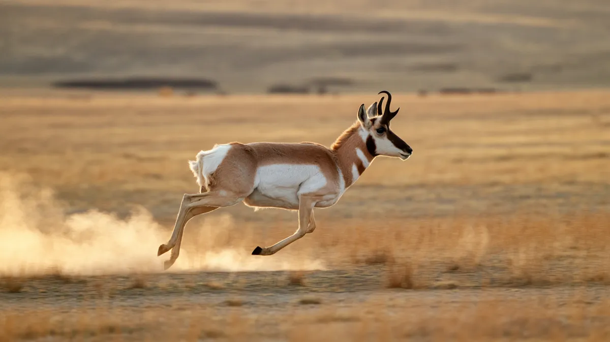 A pronghorn running across the prairie