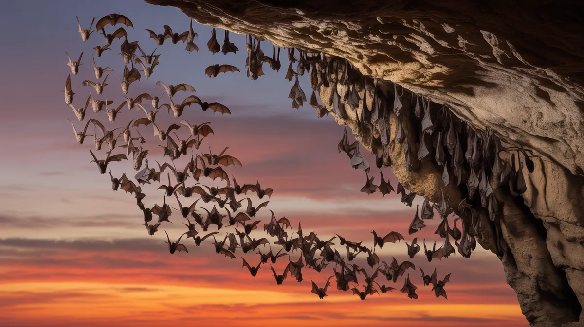 Free-tailed bats leaving a cave at dusk