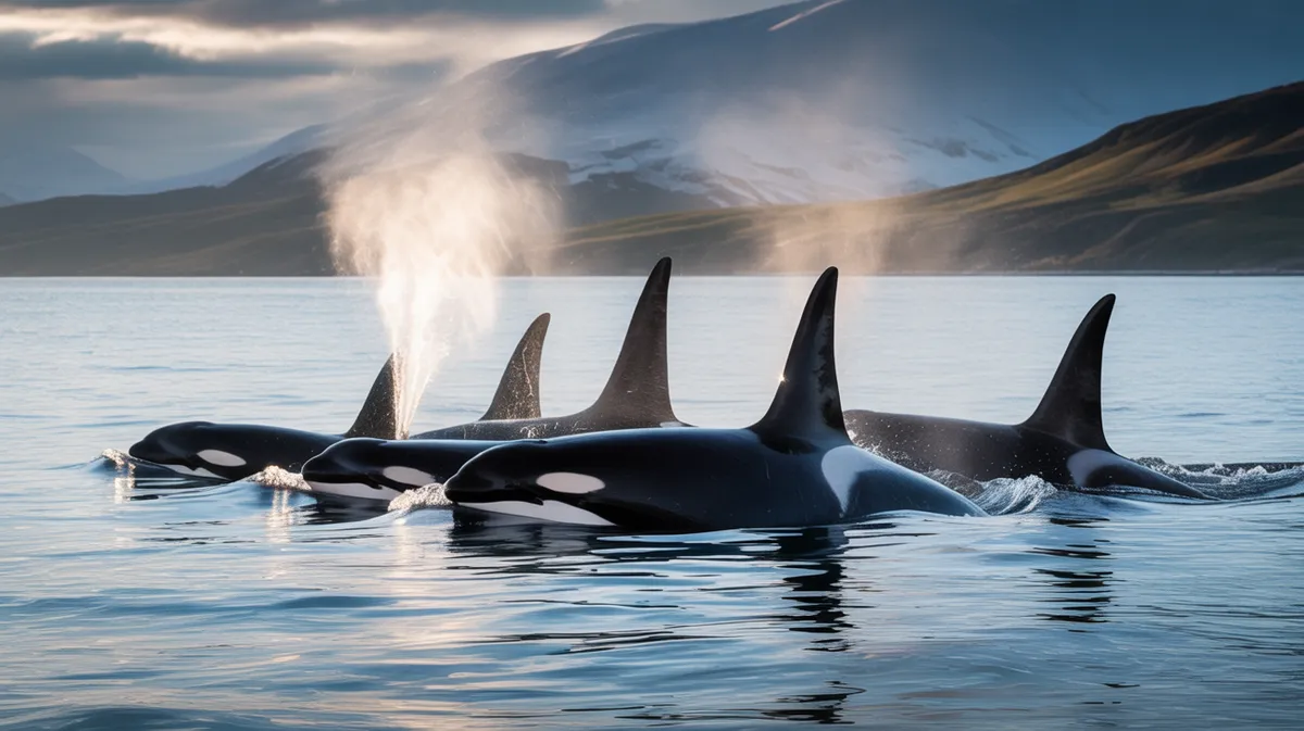 A pod of orcas surfacing