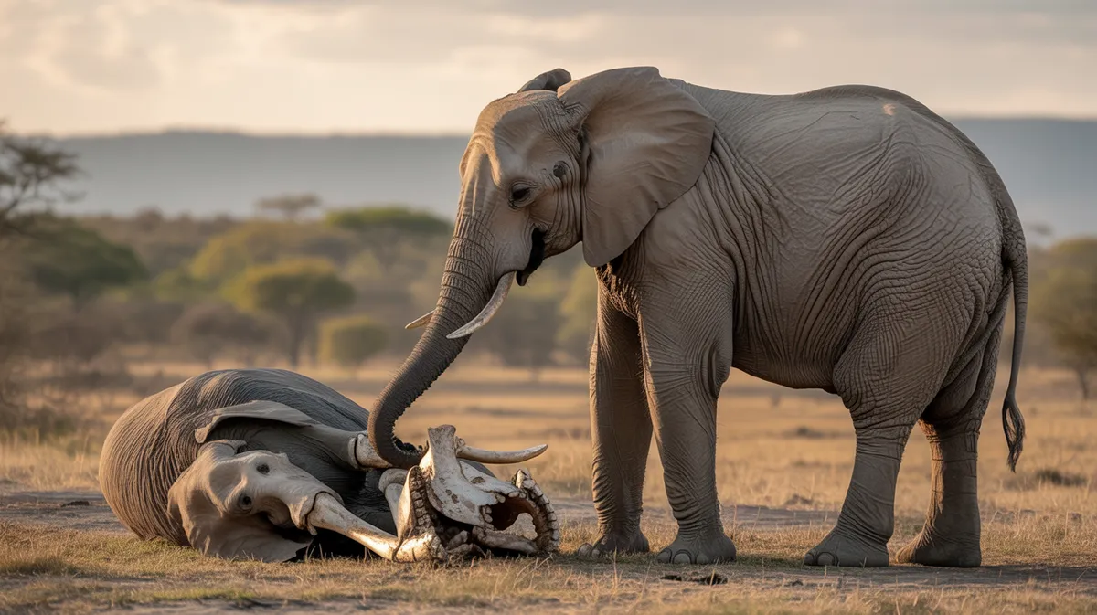 An elephant touching elephant bones