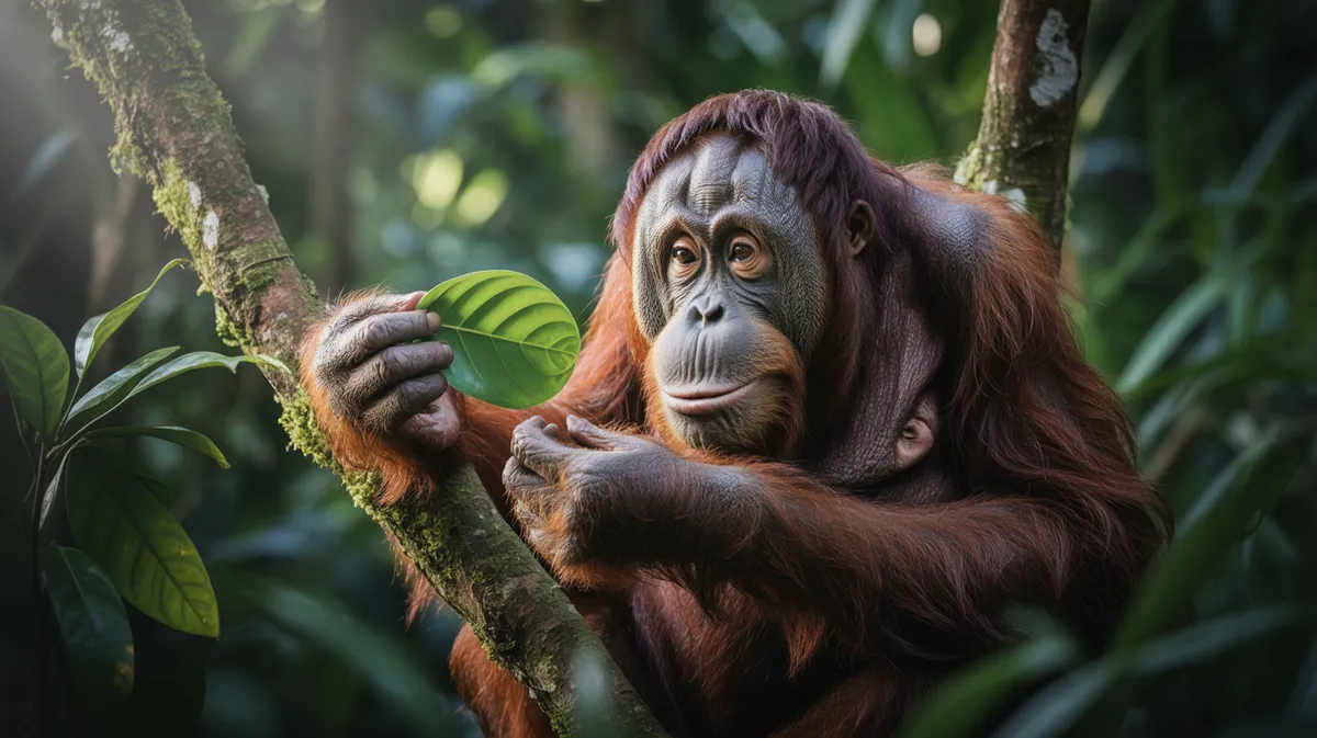 A thoughtful orangutan with a leaf