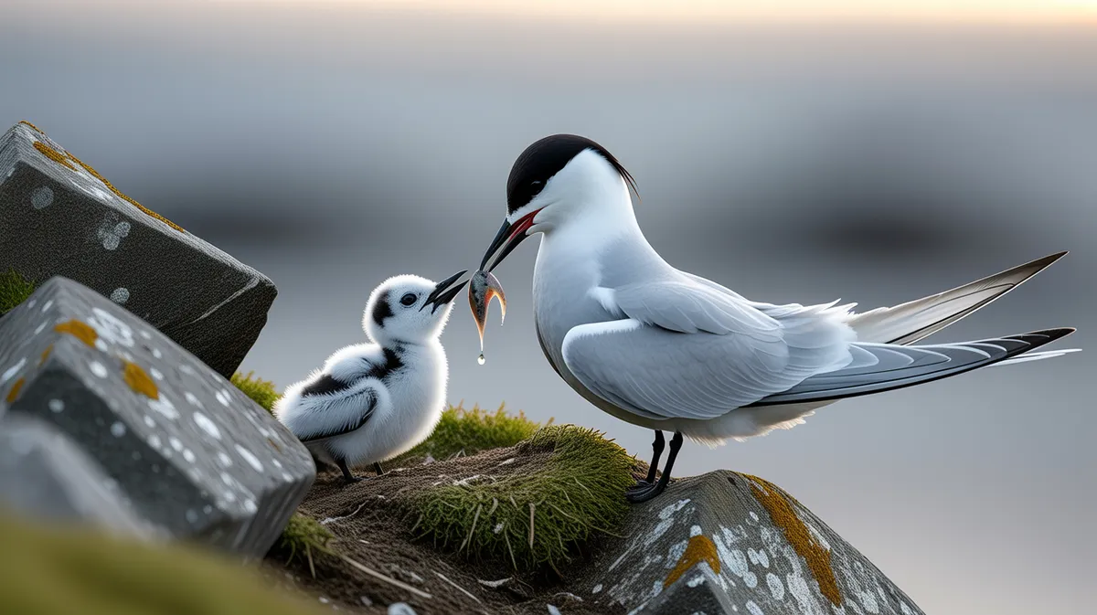 An Arctic tern feeding its chick