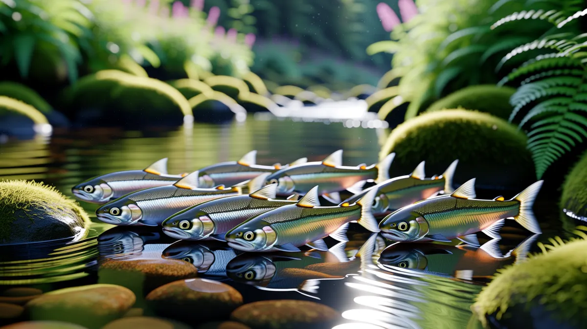 Young salmon smolts in a stream