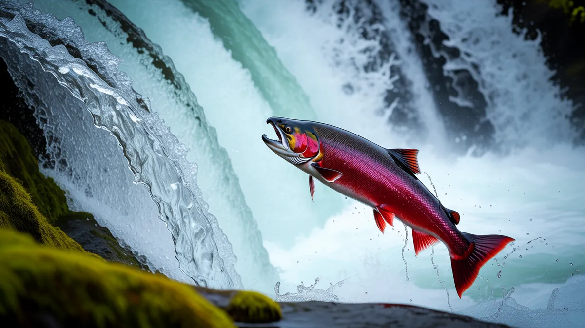 A salmon leaping up a waterfall