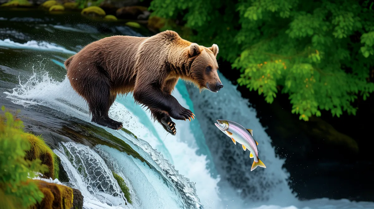 A bear catching a salmon at a waterfall