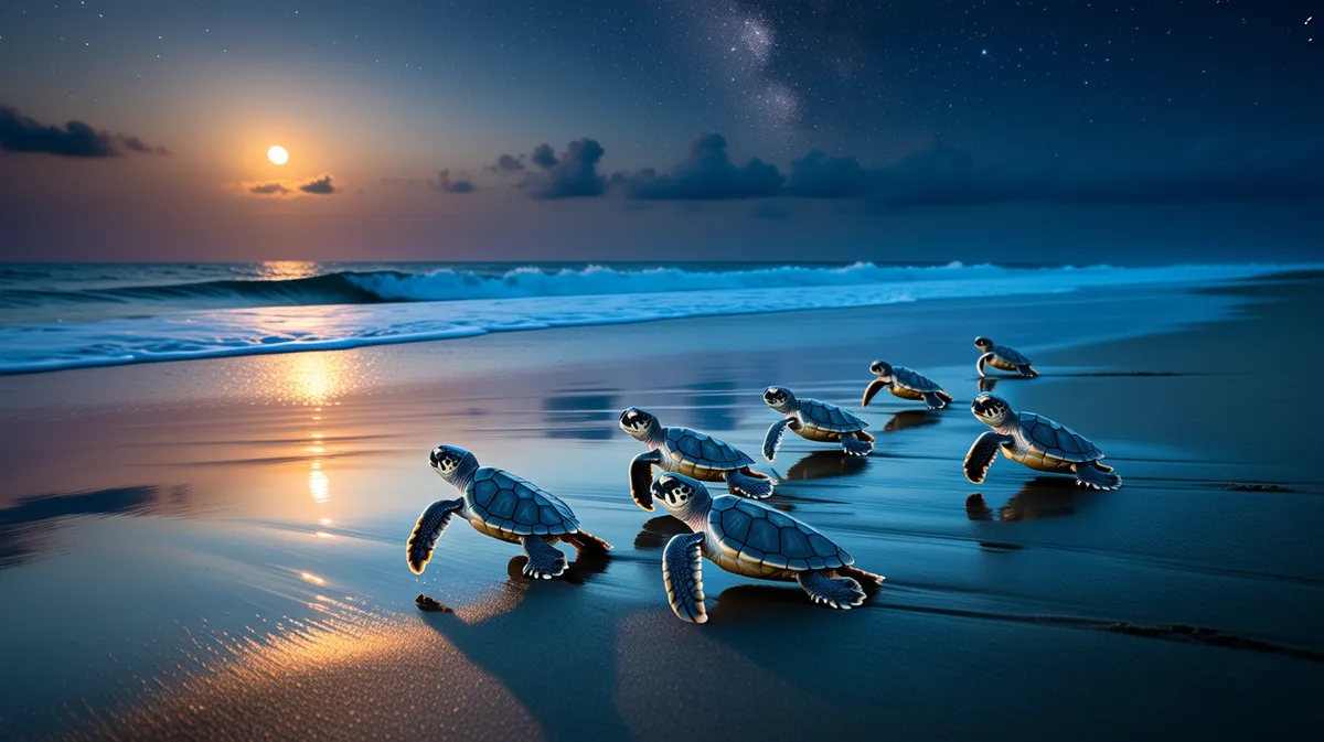 Sea turtle hatchlings racing to the sea