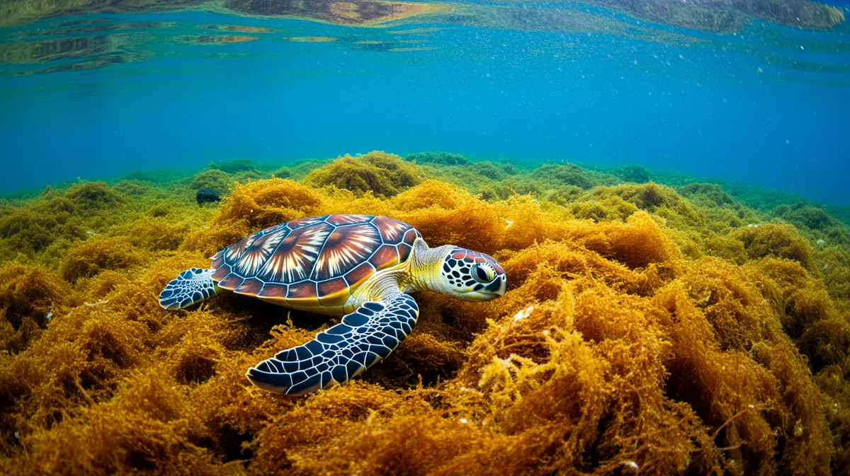 A young sea turtle among floating seaweed