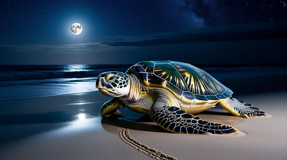 A female sea turtle nesting on a beach at night