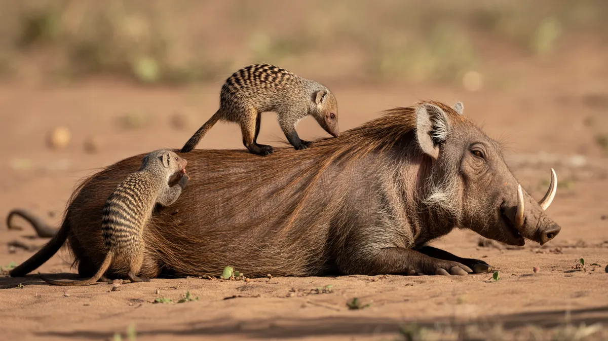 Mongooses grooming a warthog for ticks