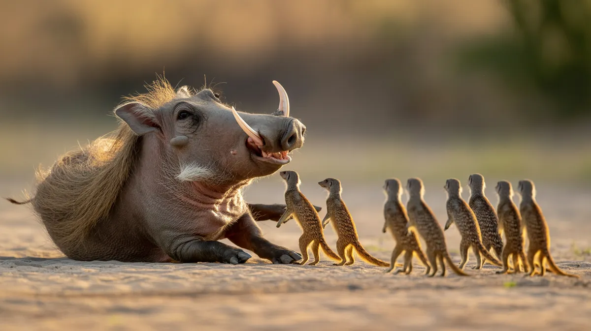 A warthog lying down inviting grooming