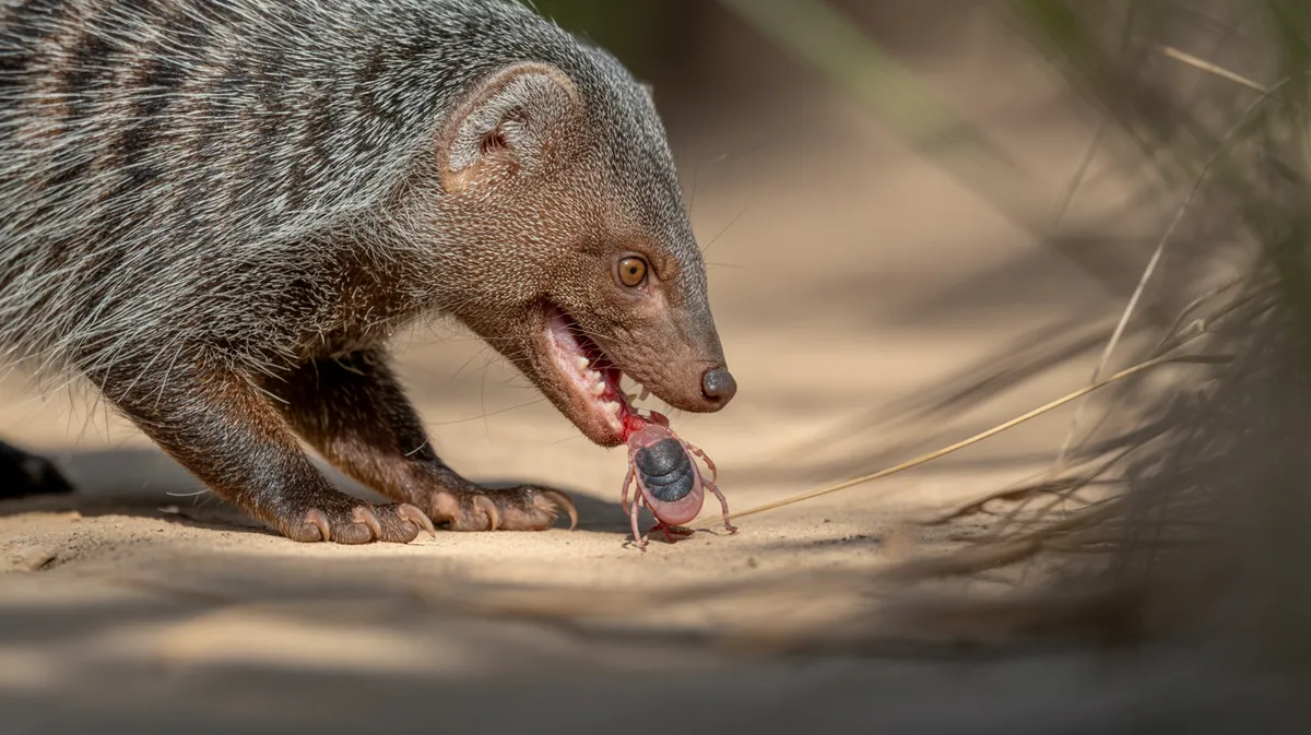 A mongoose eating a tick