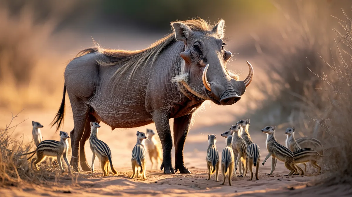 A warthog among a mongoose troop