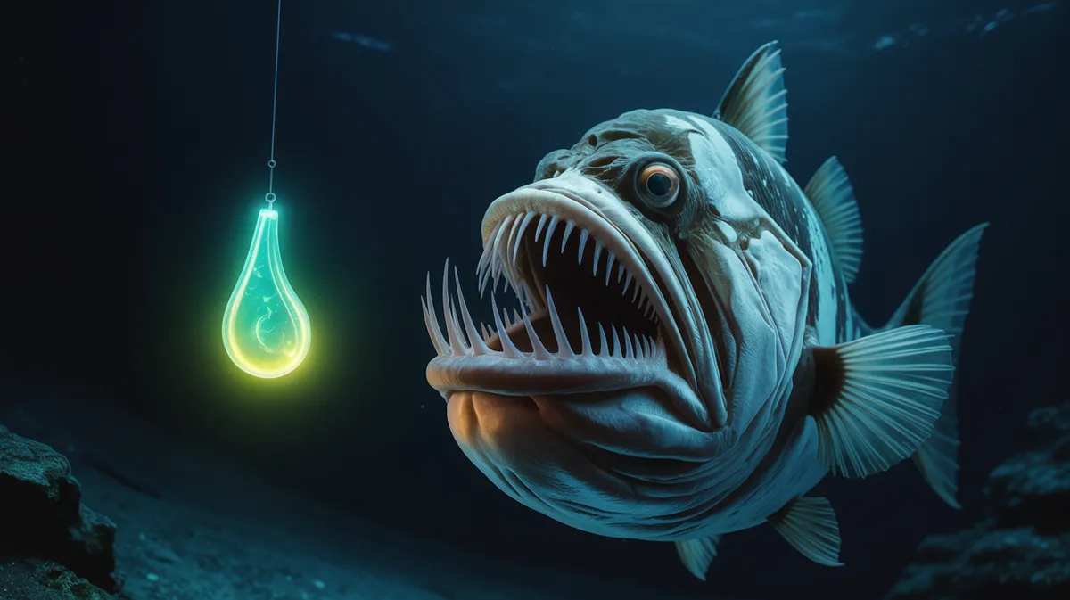 A deep-sea anglerfish in black water with a glowing lure dangling before its needle-sharp teeth