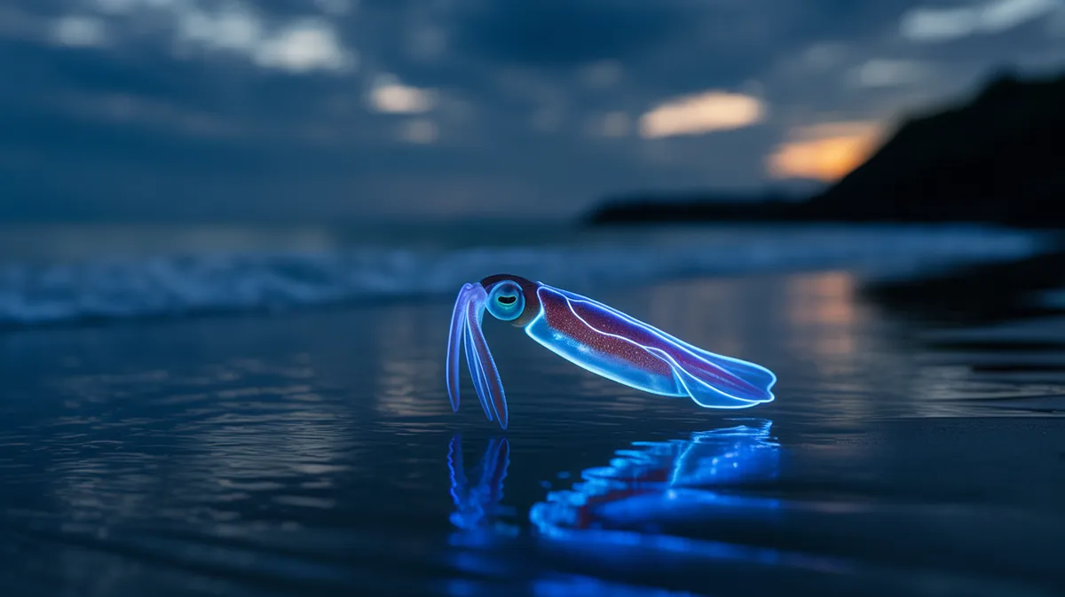 Firefly squid glowing electric blue along a dark shoreline at night in Toyama Bay, Japan