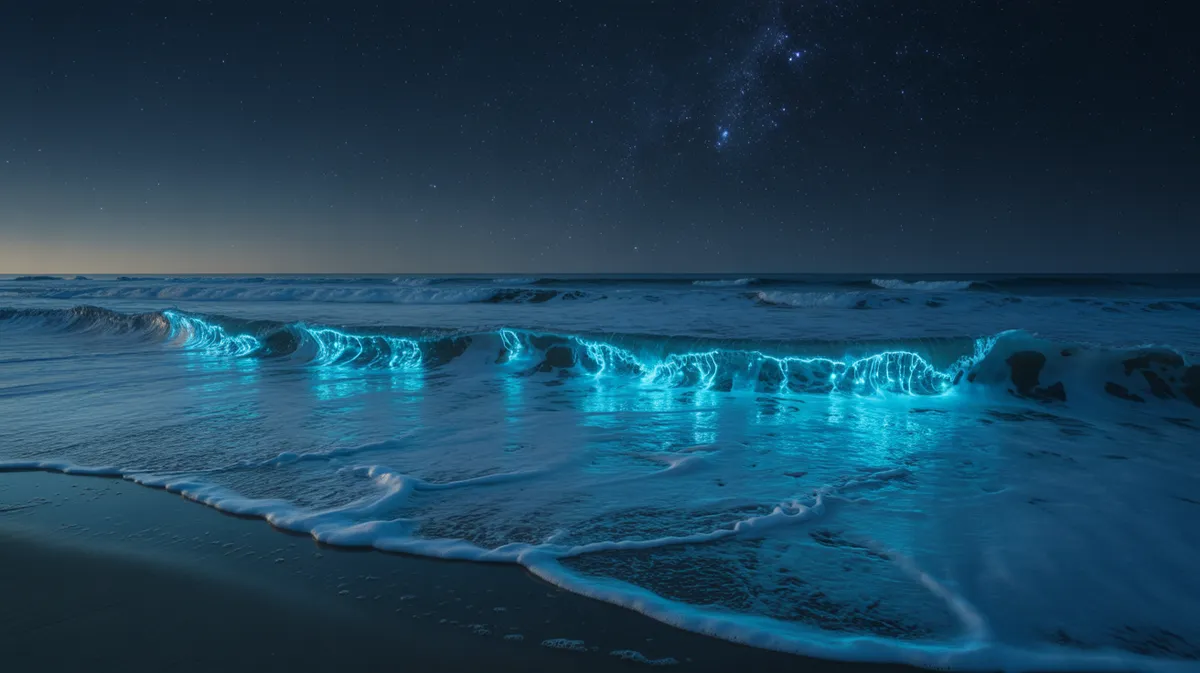 Bioluminescent plankton glowing electric blue inside breaking waves on a dark beach at night